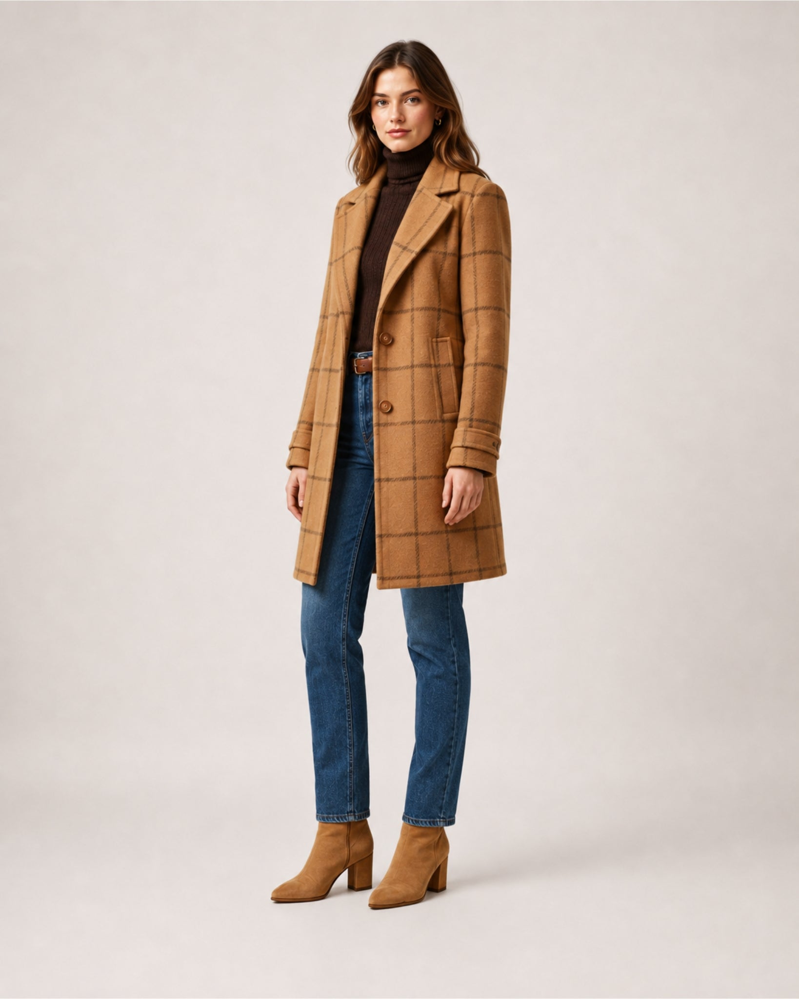 Women's Checked Coat Long Tailored Button Front Style
