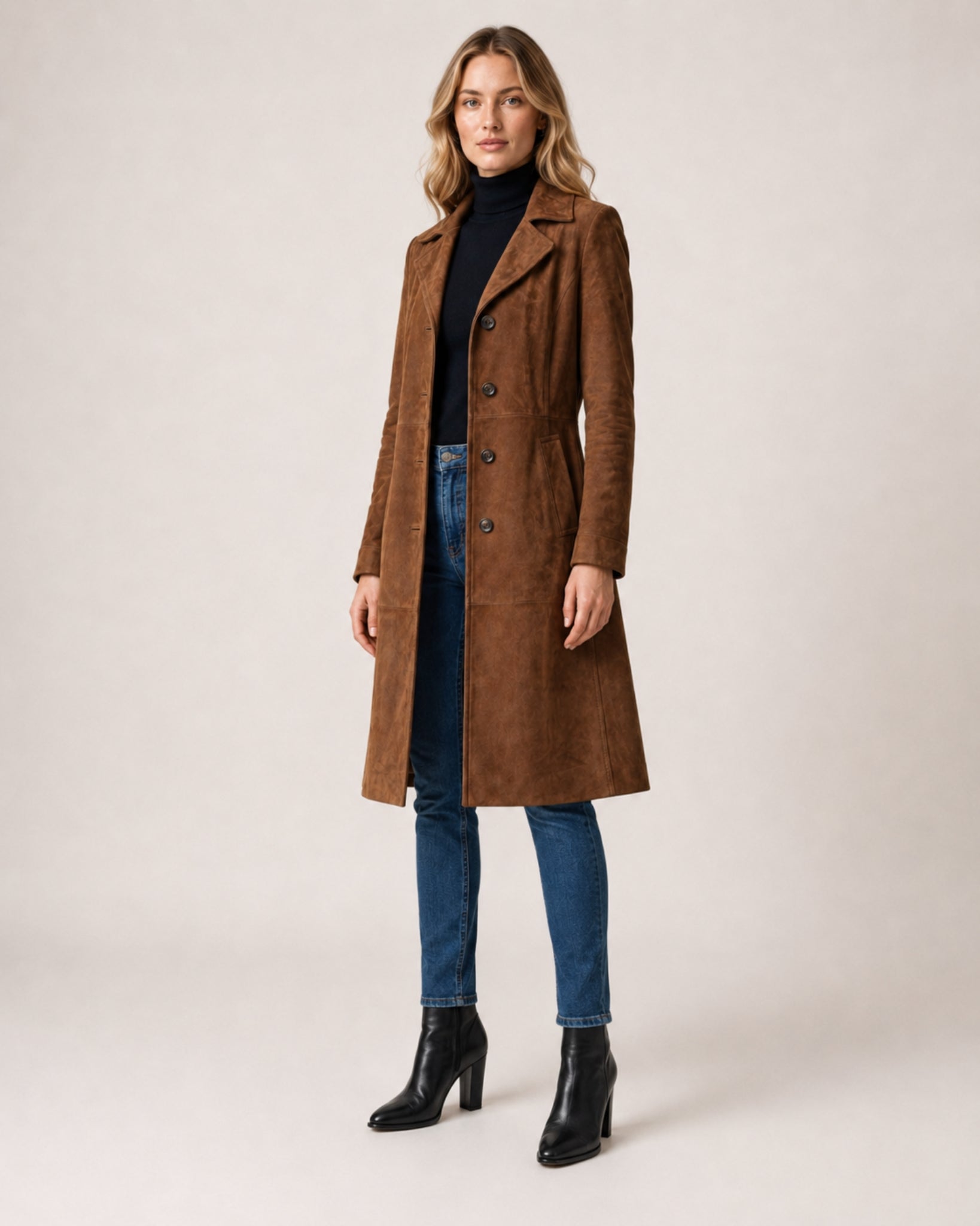 Women's Suede Coat Long Brown Tailored Style