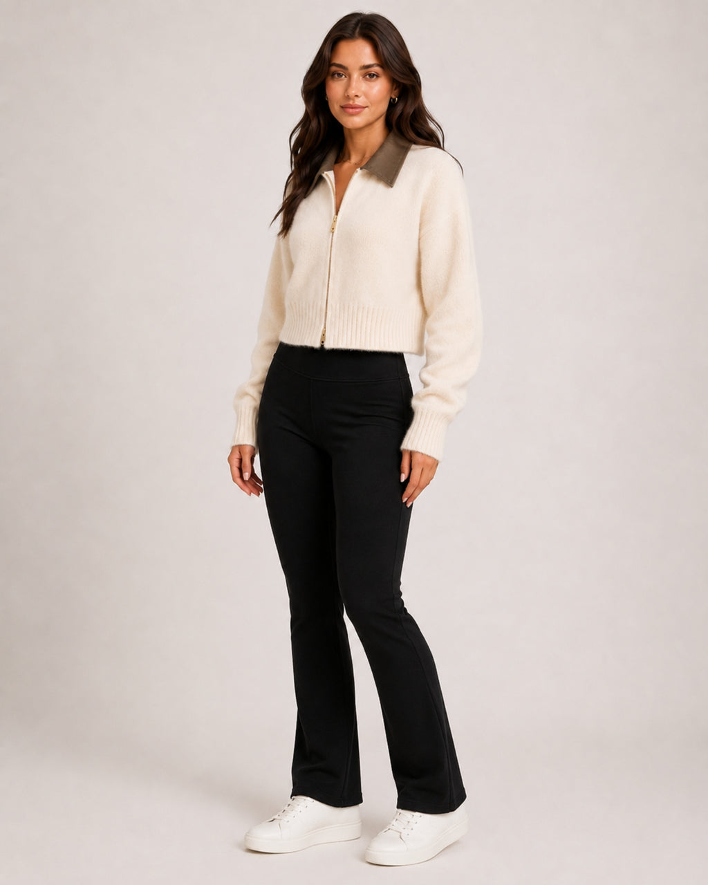 Women's Cropped Zip-Up Cardigan with Contrast Collar