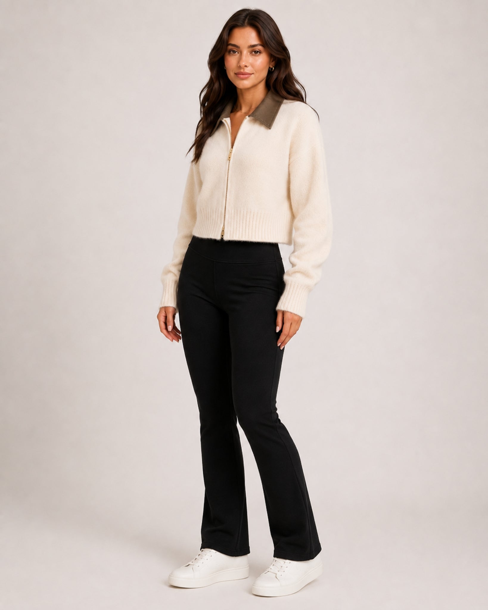 Women's Cropped Zip-Up Cardigan with Contrast Collar