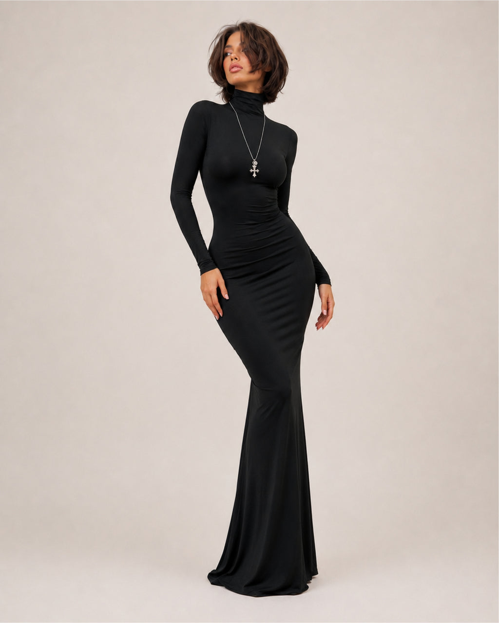 Women's Long Sleeve Bodycon Maxi Dress with High Neck