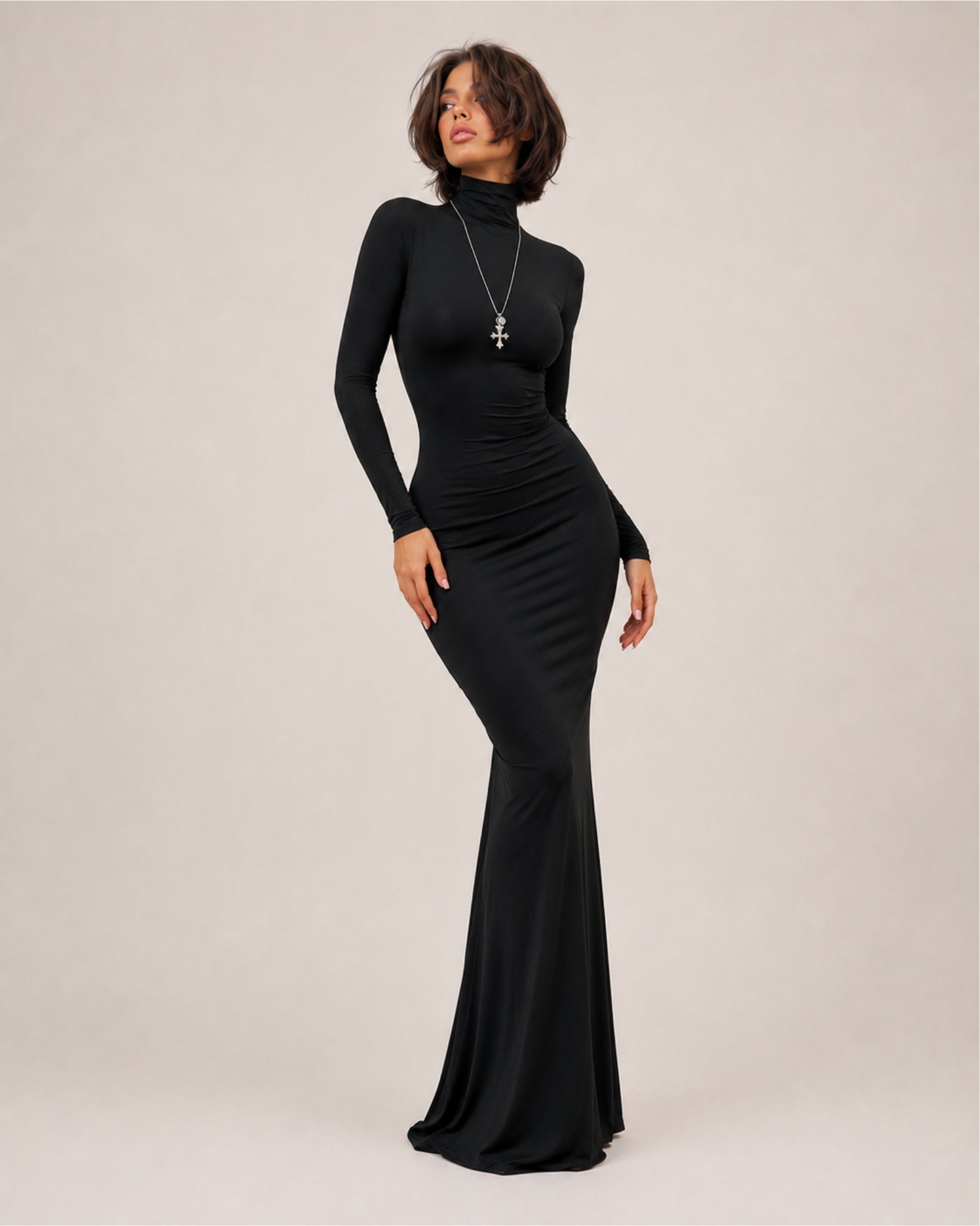 Women's Long Sleeve Bodycon Maxi Dress with High Neck