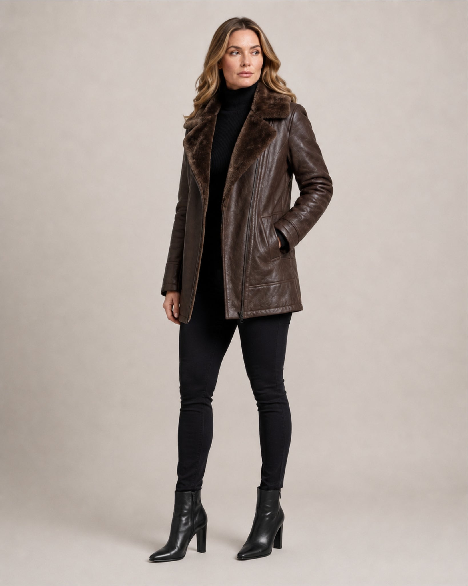 Women's Faux Leather Jacket with Faux Fur Collar