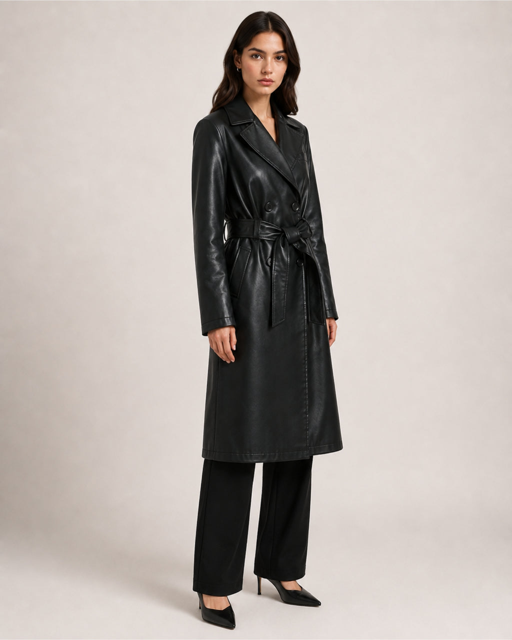 Women's Trench Coat Faux Leather Longline Belted Style