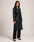 Women's Trench Coat Faux Leather Longline Belted Style
