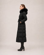 Women's Long Puffer Coat with Faux Fur Hood & Belt