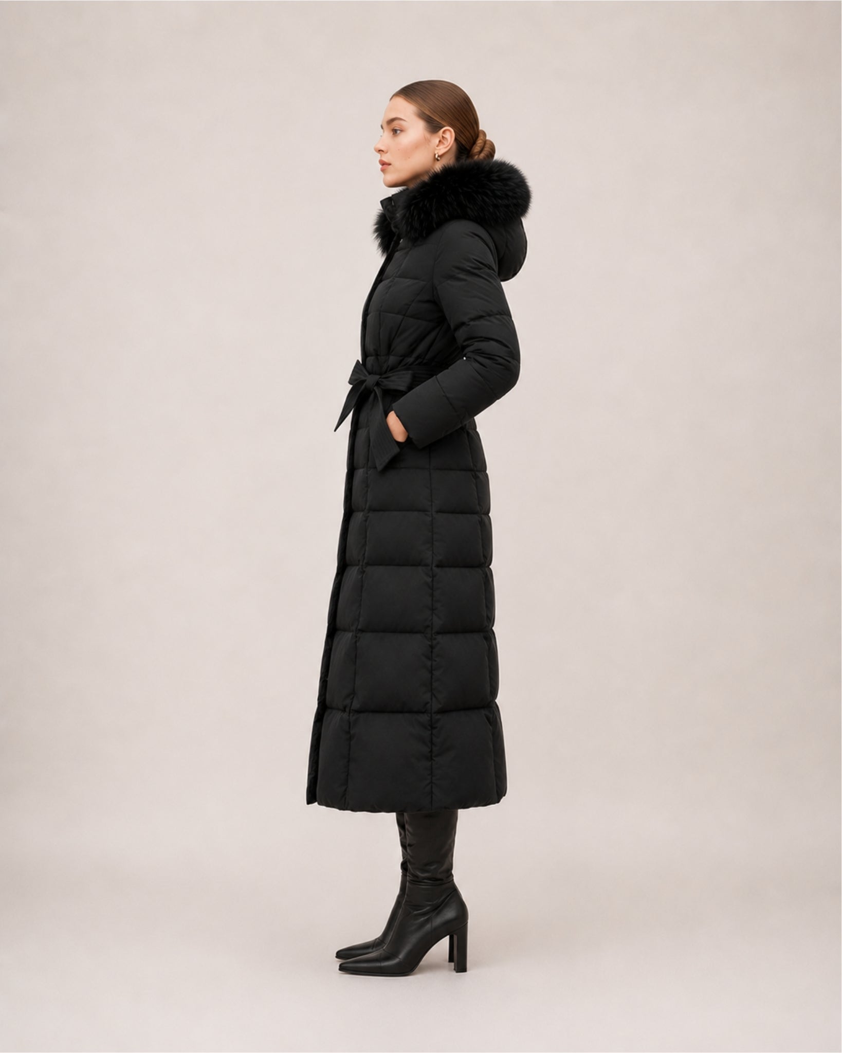 Women's Long Puffer Coat with Faux Fur Hood & Belt