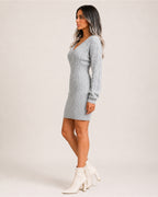 Women's Cable Knit Midi Dress – V Neck Long Sleeve Knitted Dress