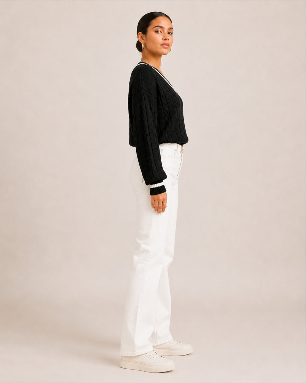 Women's V Neck Cable Knit Jumper with Contrast Trim