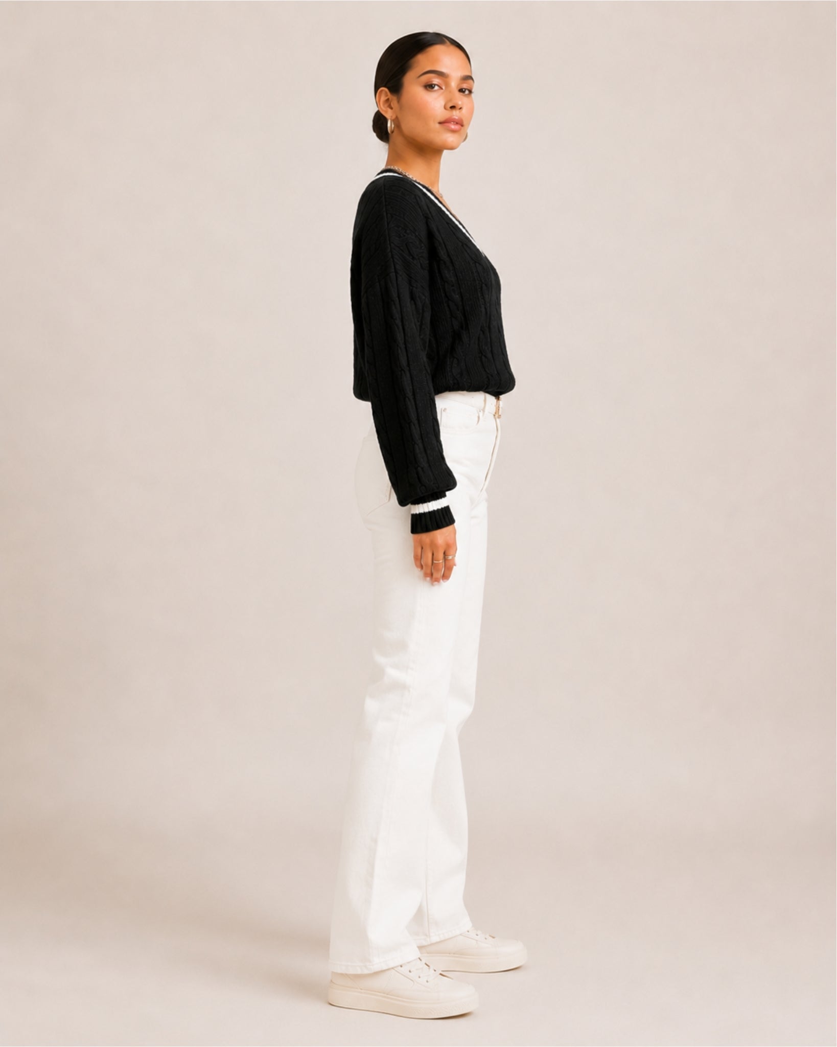 Women's V Neck Cable Knit Jumper with Contrast Trim