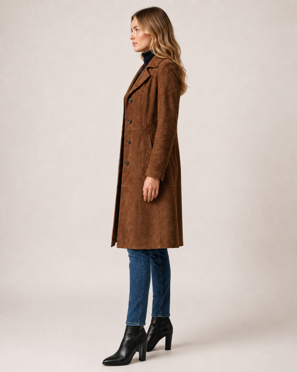 Women's Suede Coat Long Brown Tailored Style