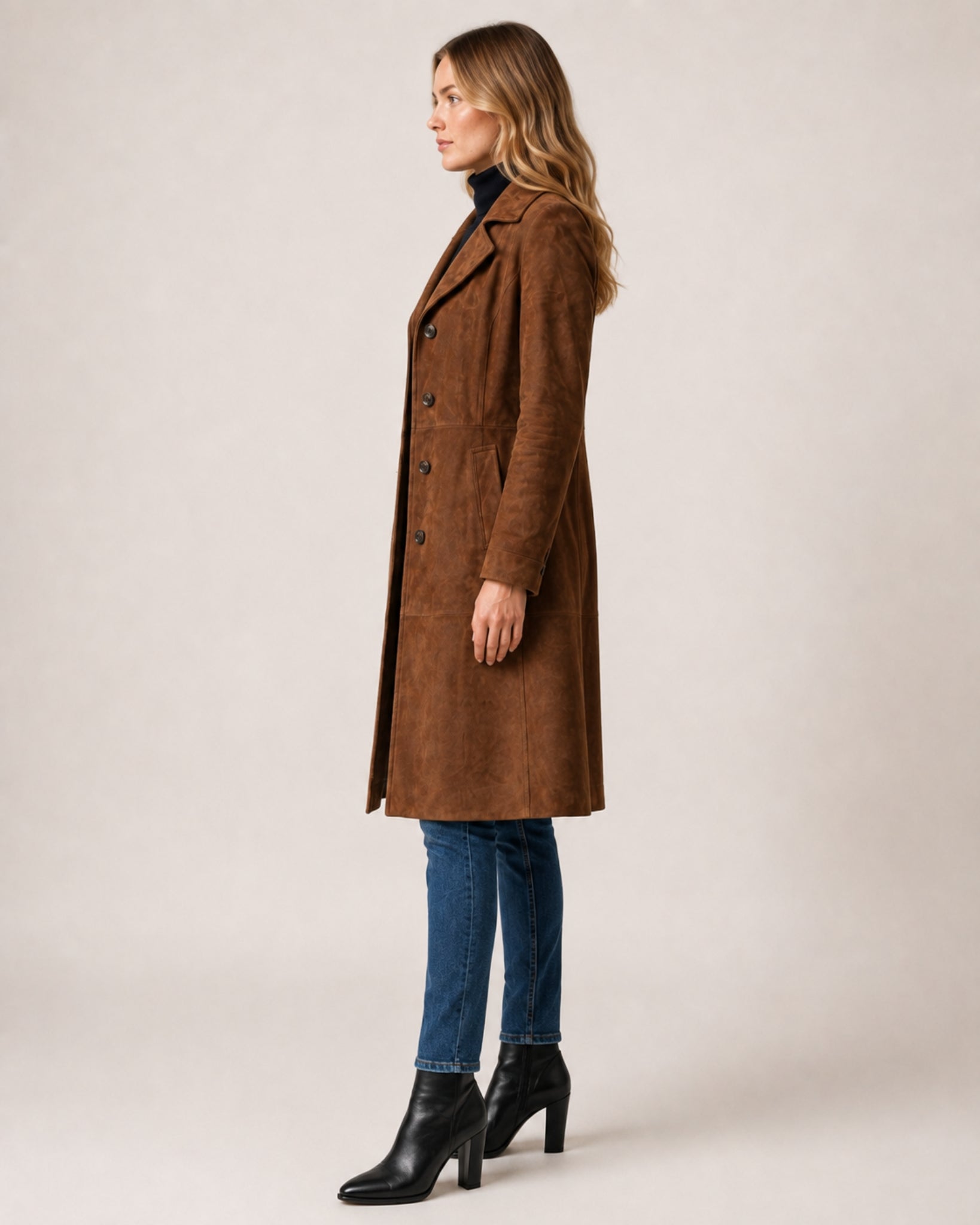 Women's Suede Coat Long Brown Tailored Style