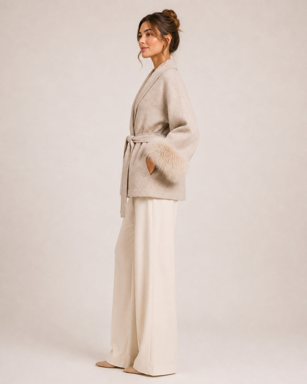 Women's Short Belted Coat with Faux Fur Cuffs