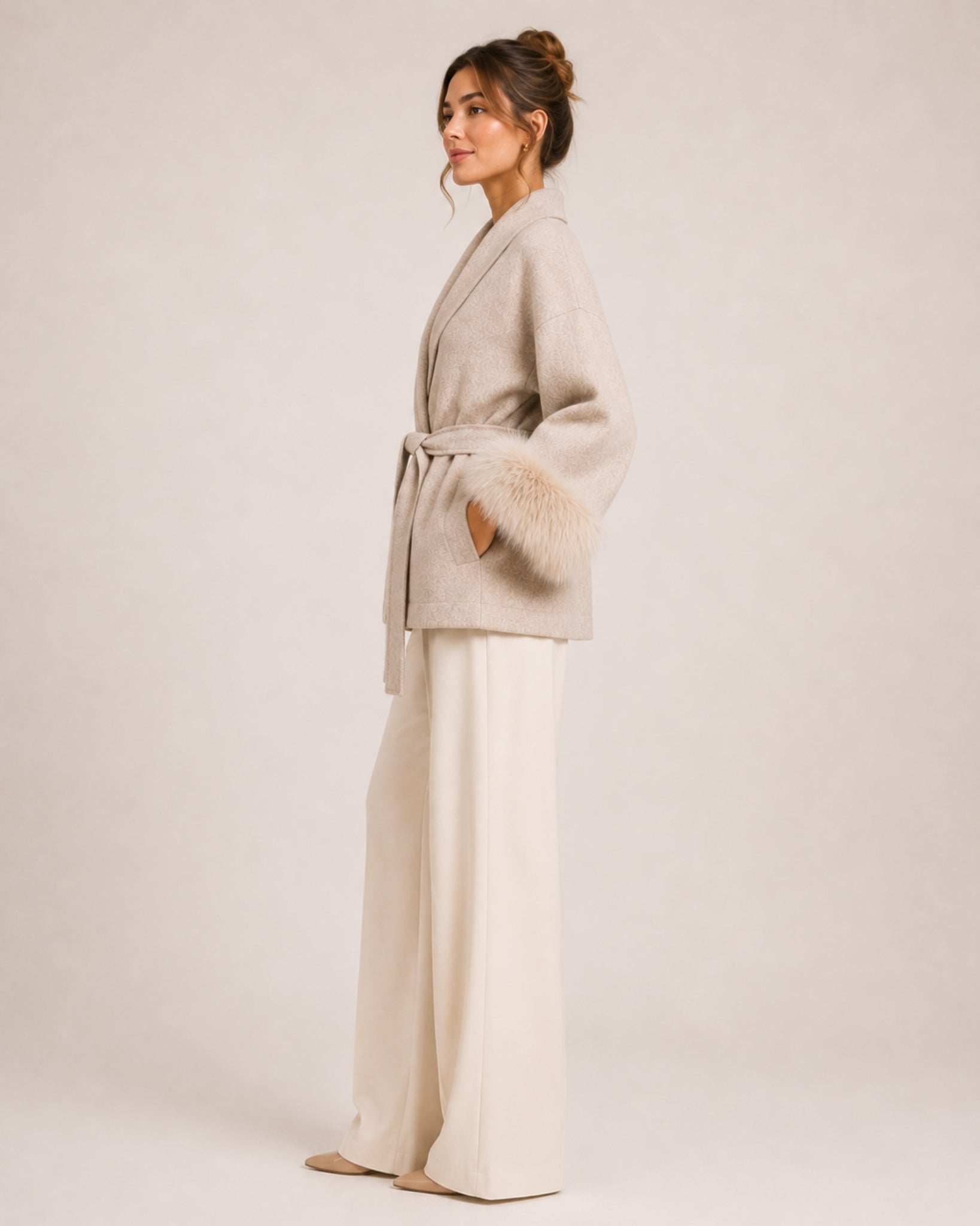 Women's Short Belted Coat with Faux Fur Cuffs