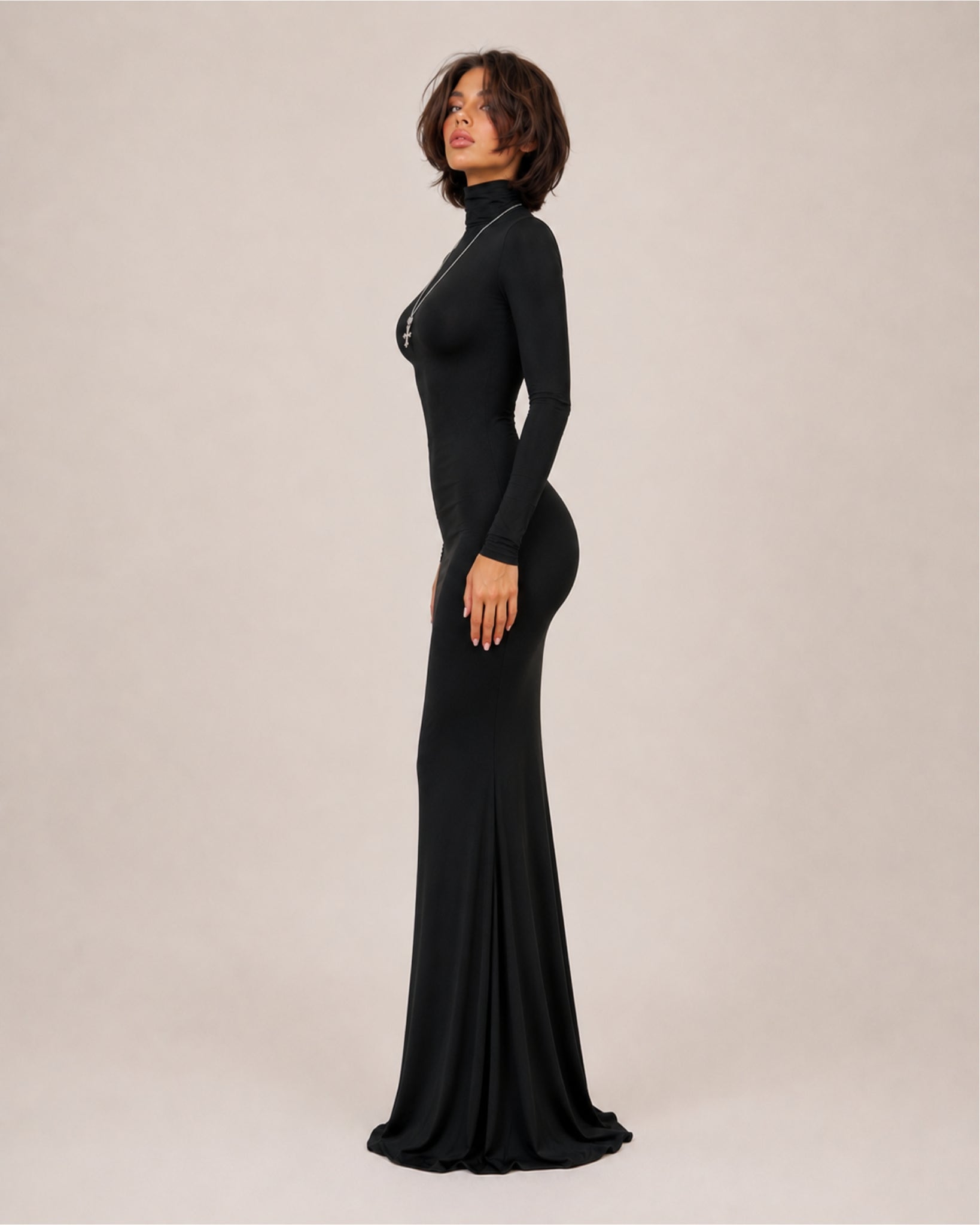 Women's Long Sleeve Bodycon Maxi Dress with High Neck
