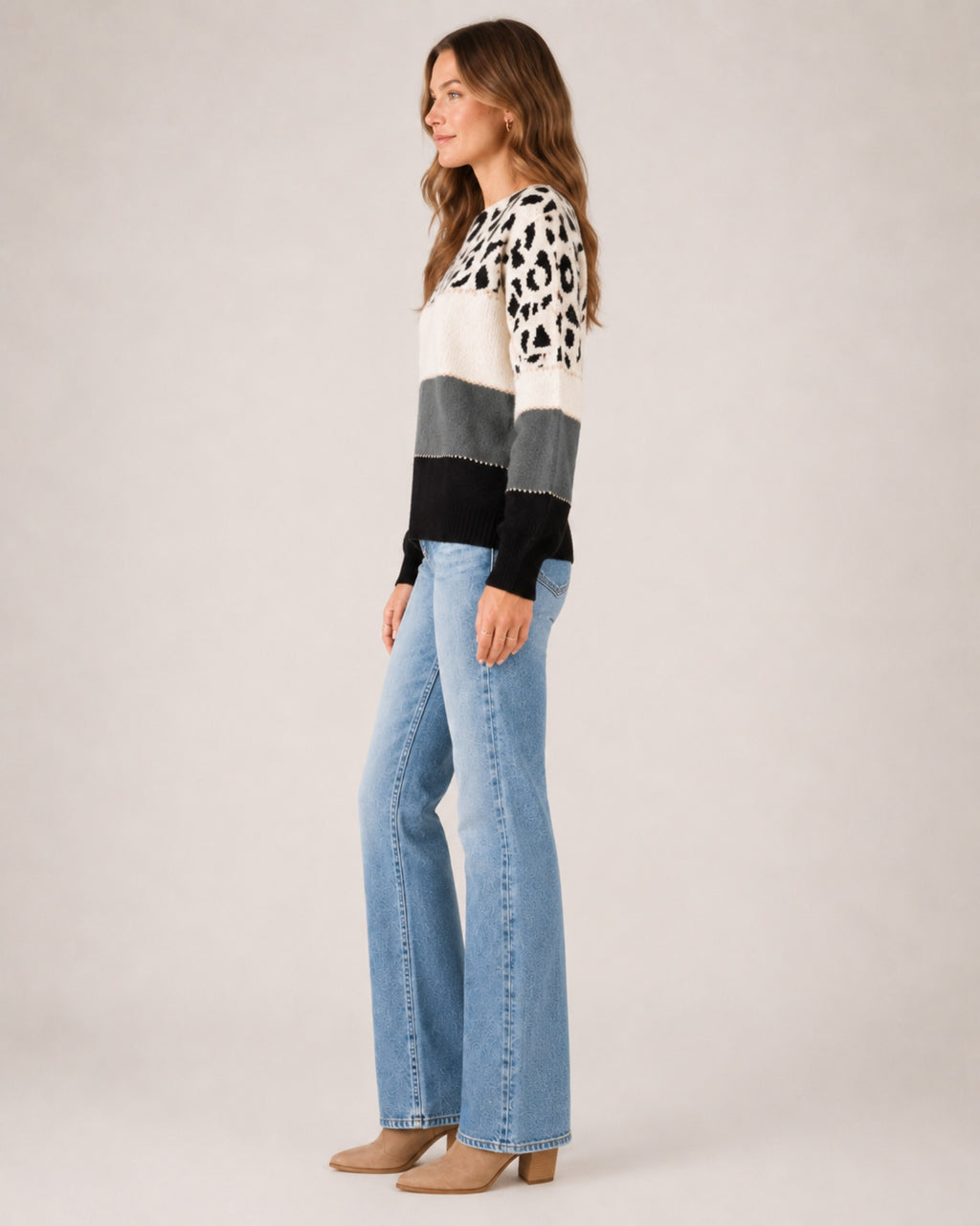 Women's Knitted Jumper Patterned Colour Block Crew Neck Style