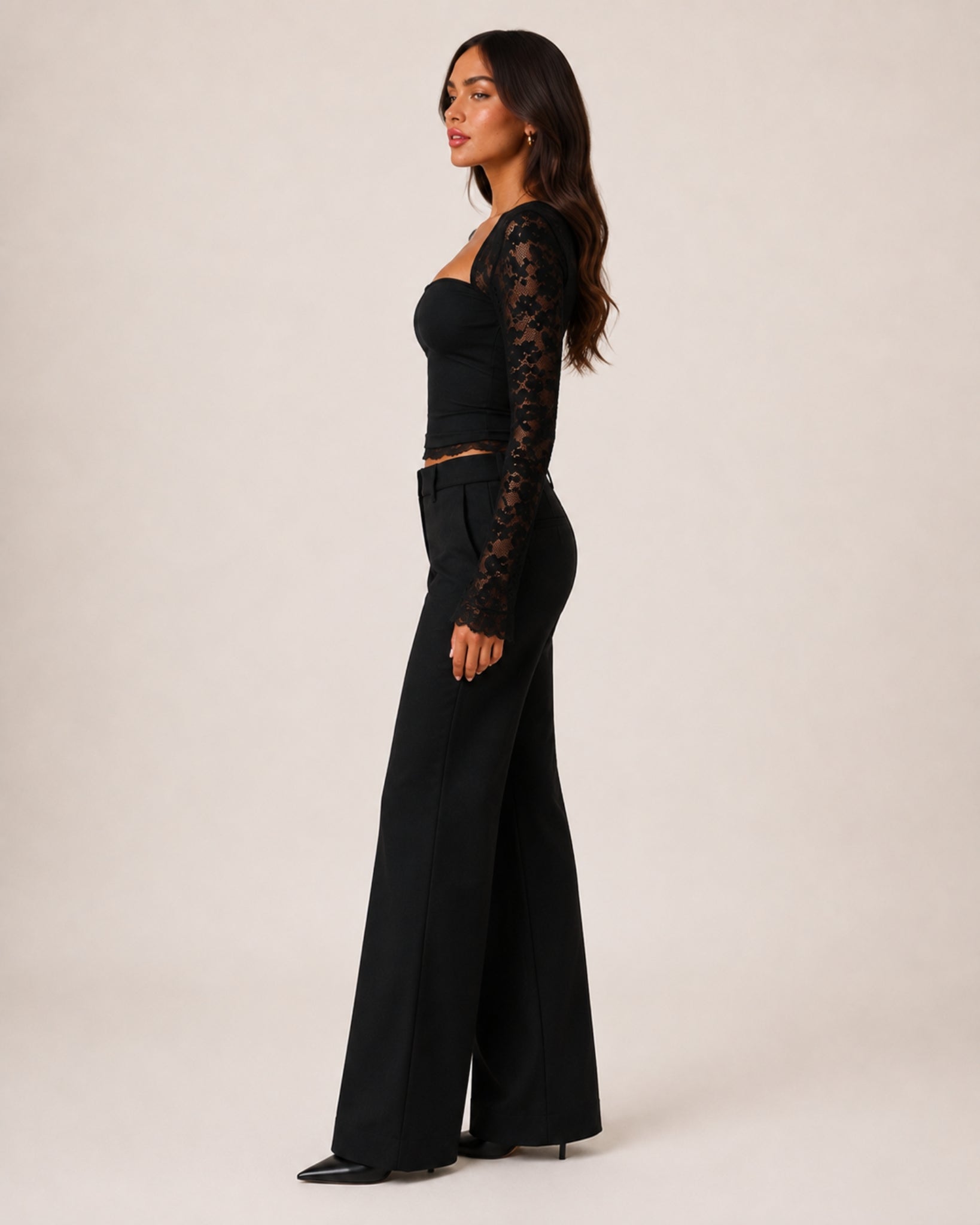 Women's Lace Long Sleeve Top – Fitted Square Neck Going Out Top