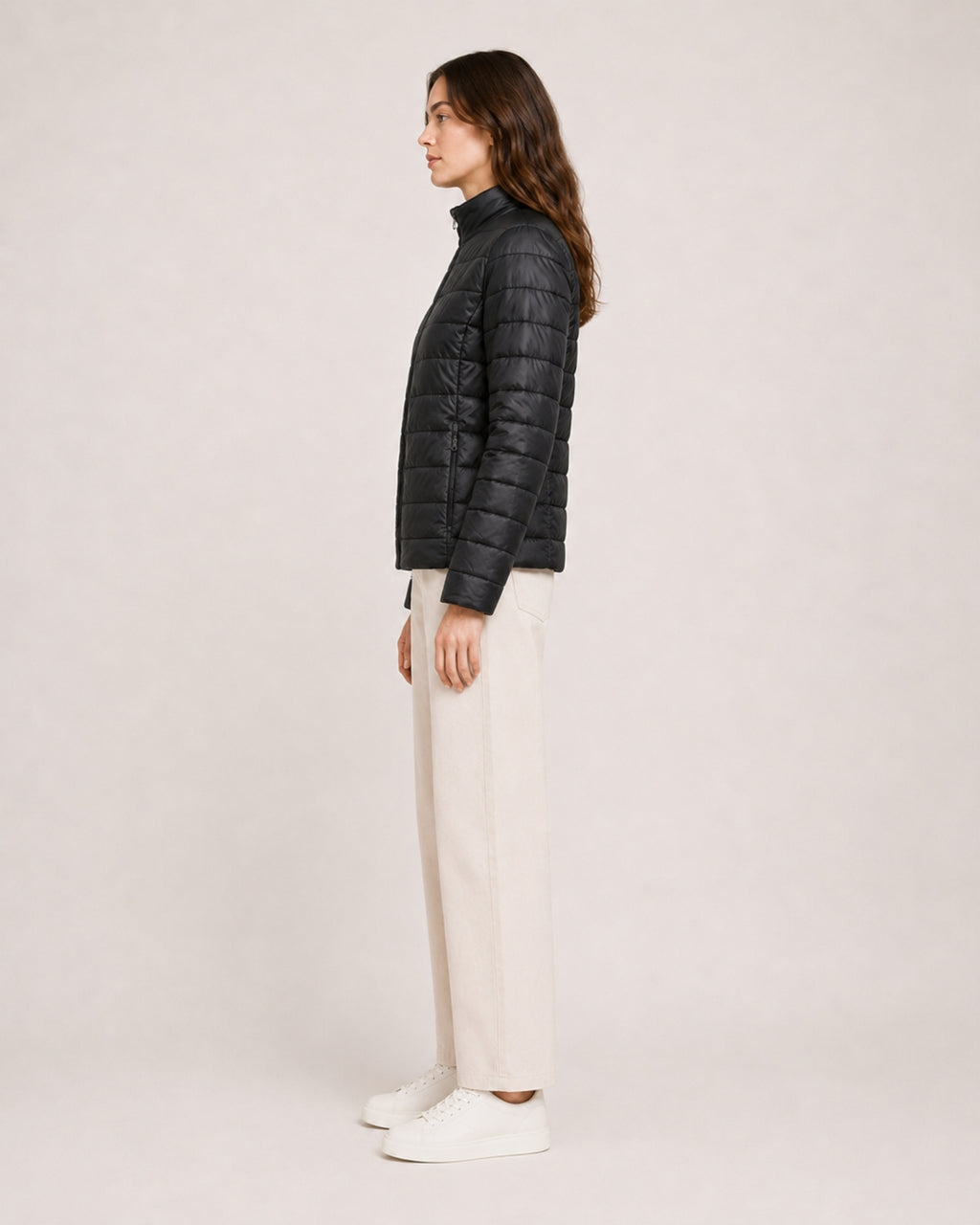 Women's Quilted Puffer Jacket with Stand Collar and Fitted Shape