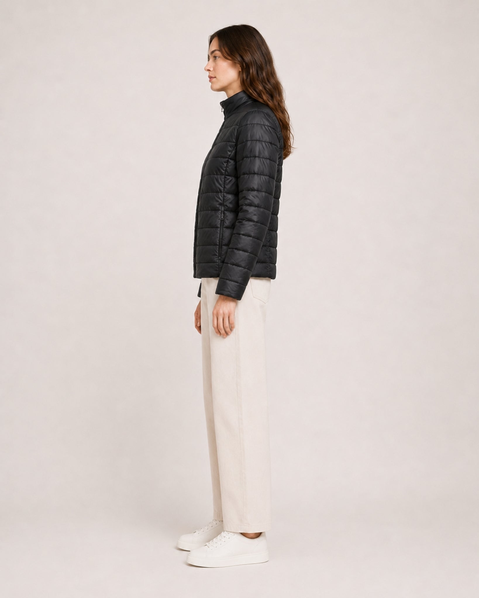 Women's Quilted Puffer Jacket with Stand Collar and Fitted Shape