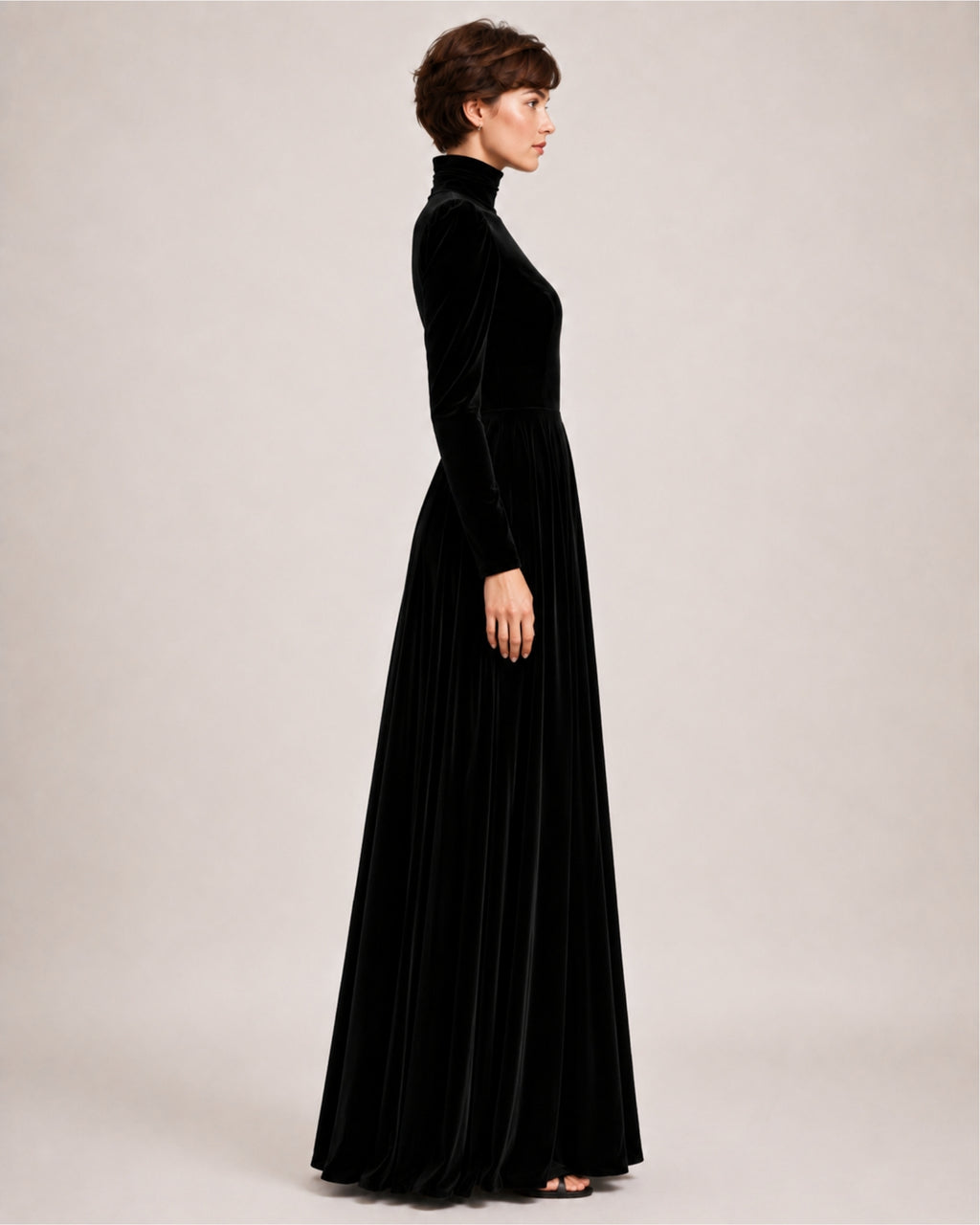 Women's Velvet Dress High Neck Long Sleeve A Line Style
