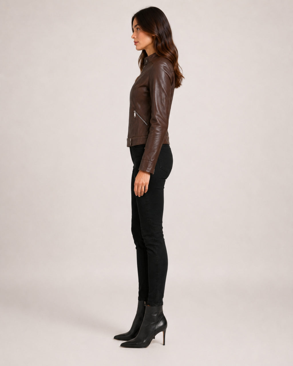 Women's Brown Faux Leather Jacket – Fitted Zip-Up Style