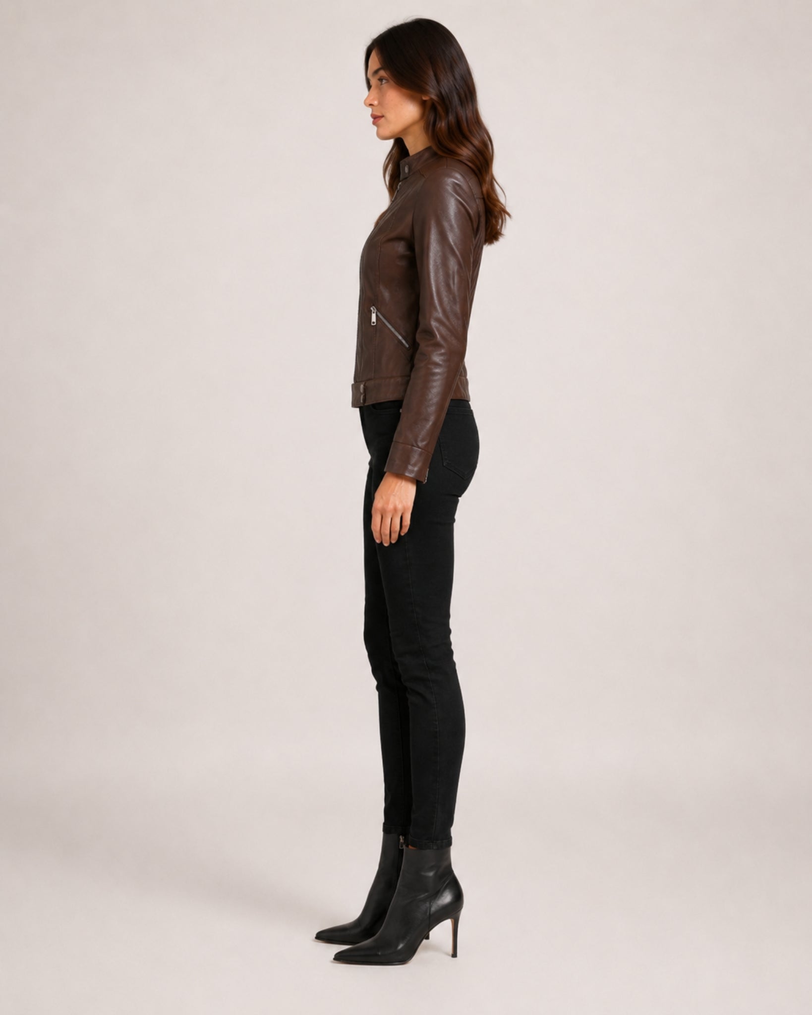 Women's Brown Faux Leather Jacket – Fitted Zip-Up Style