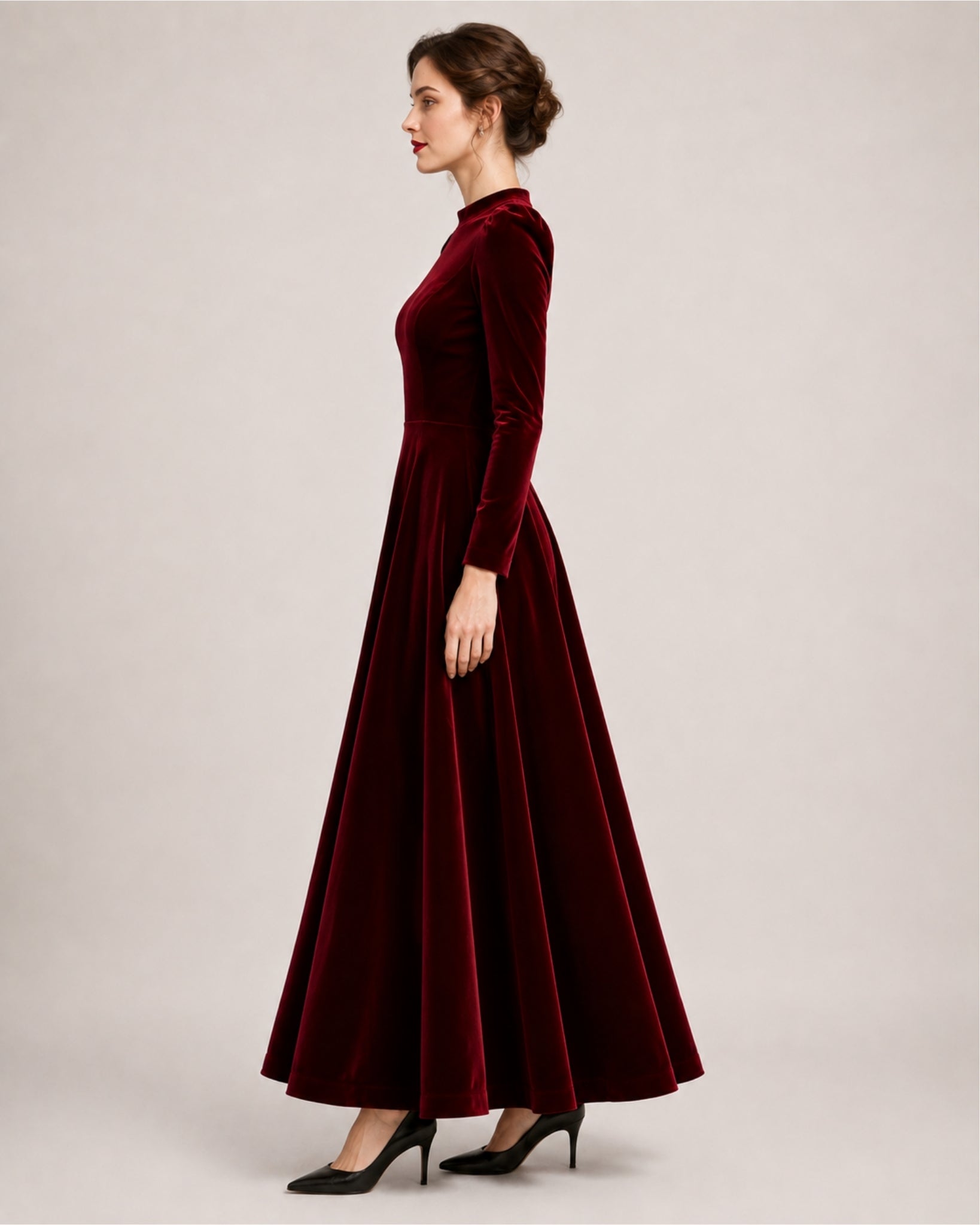 Women's Velvet Dress Midi Long Sleeve A Line Style
