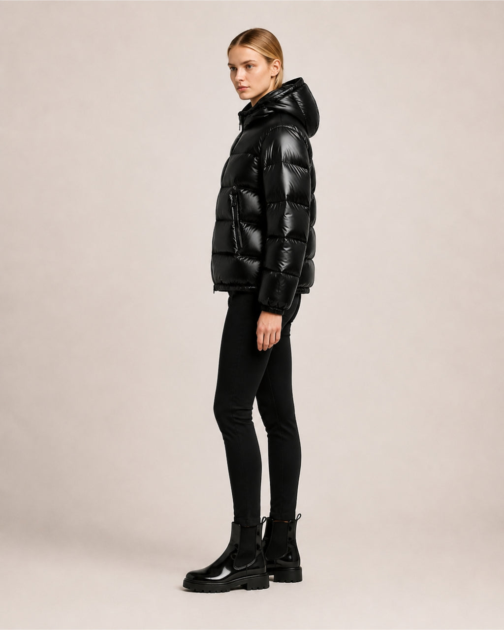 Women's Shiny Puffer Jacket with High Collar