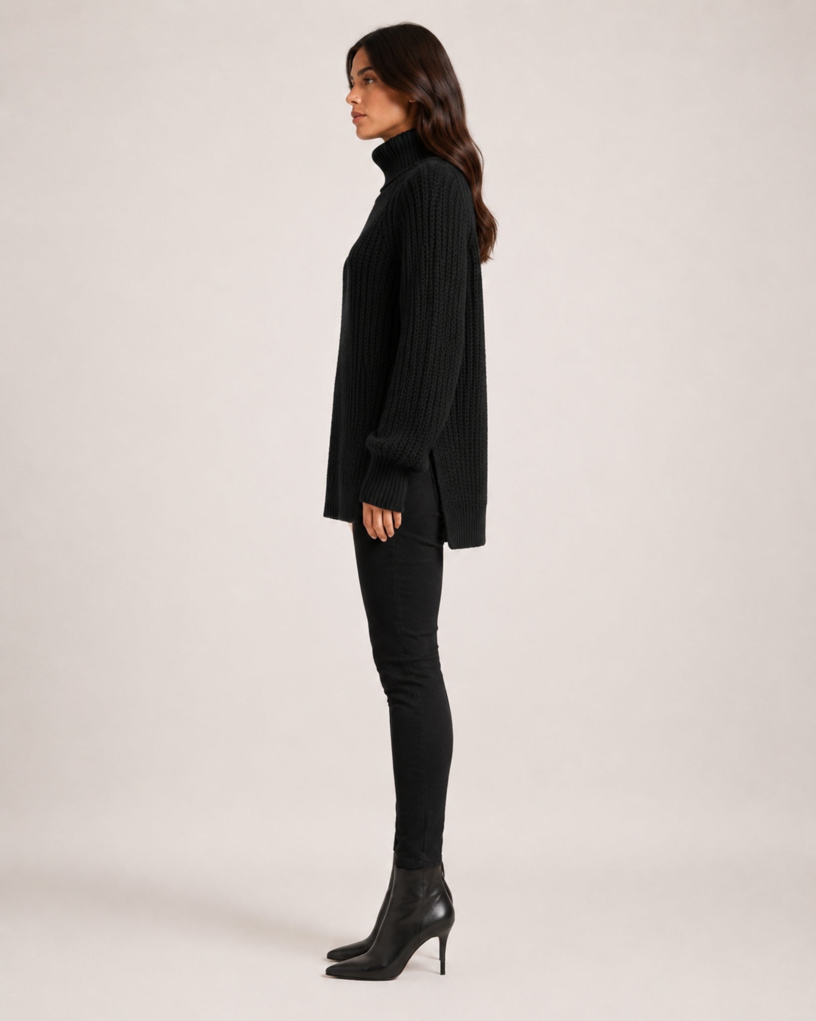 Women's Chunky Knit Roll Neck Jumper with Side Splits