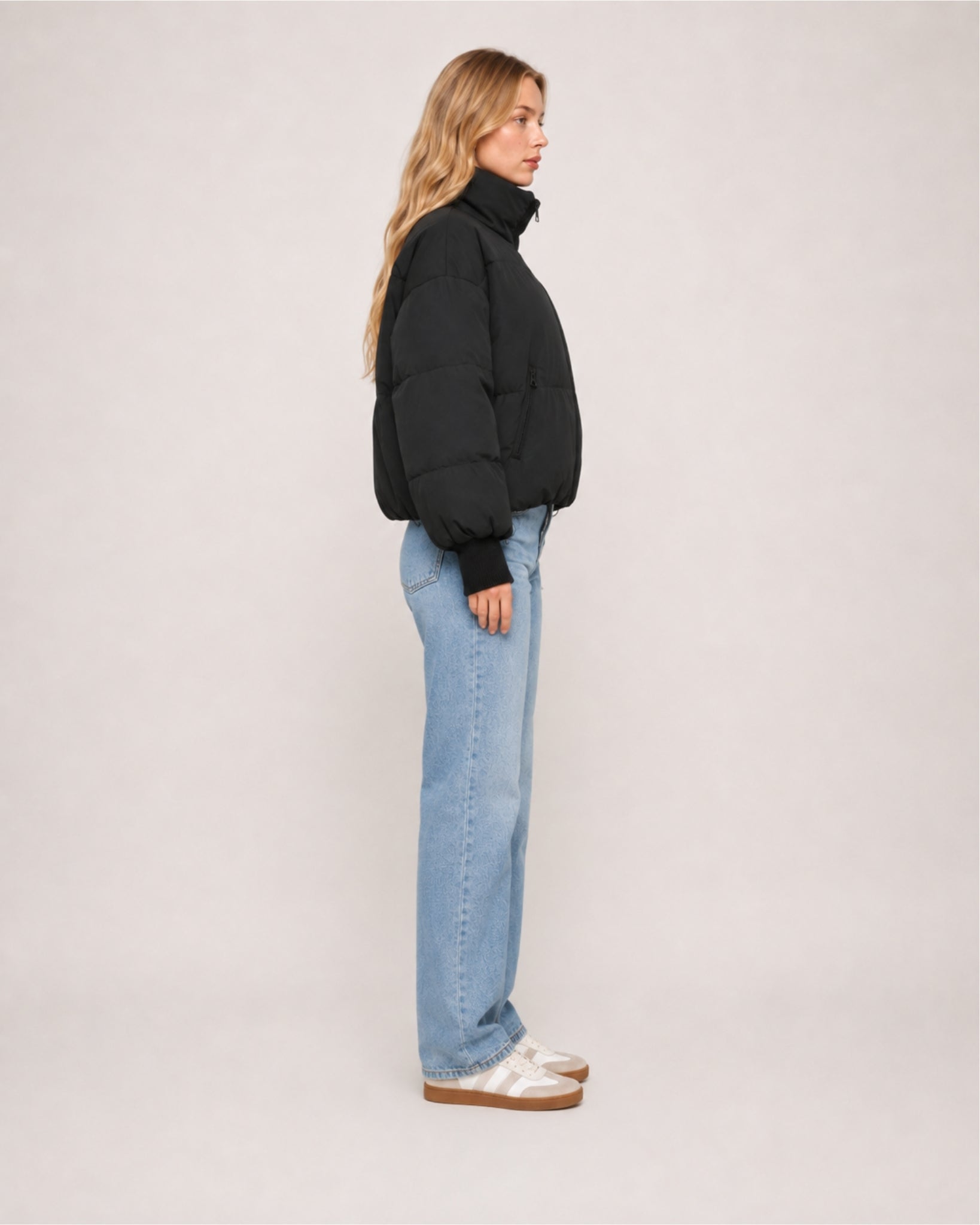 Women's Cropped Puffer Jacket with High Neck and Ribbed Cuffs