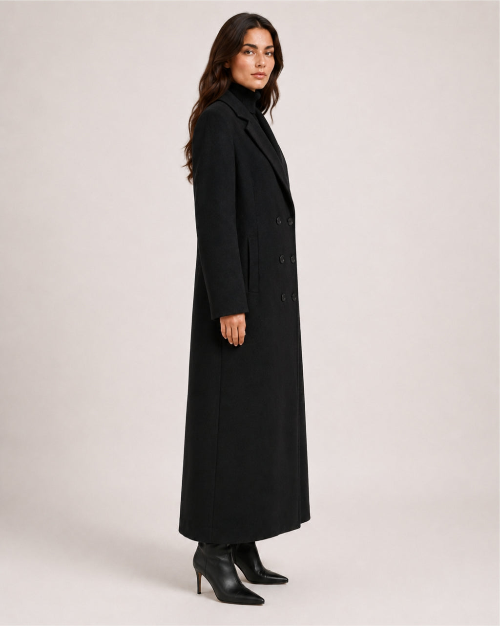 Women's Black Overcoat Long Double Breasted Tailored Style