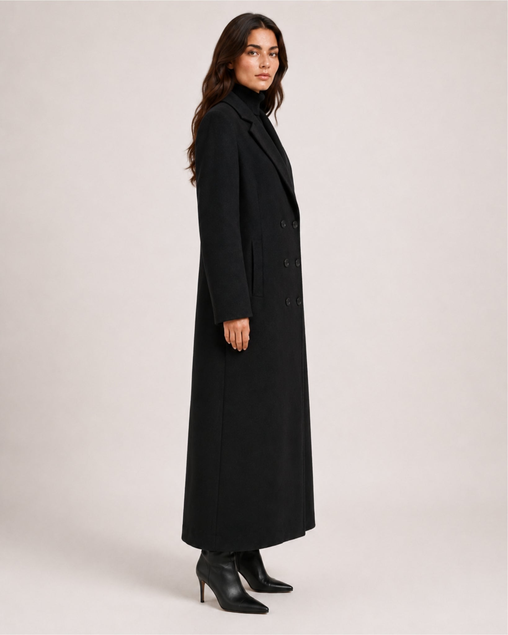 Women's Black Overcoat Long Double Breasted Tailored Style