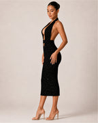 Women's Black Sequin Party Midi Dress – Halter Neck Bodycon Dress