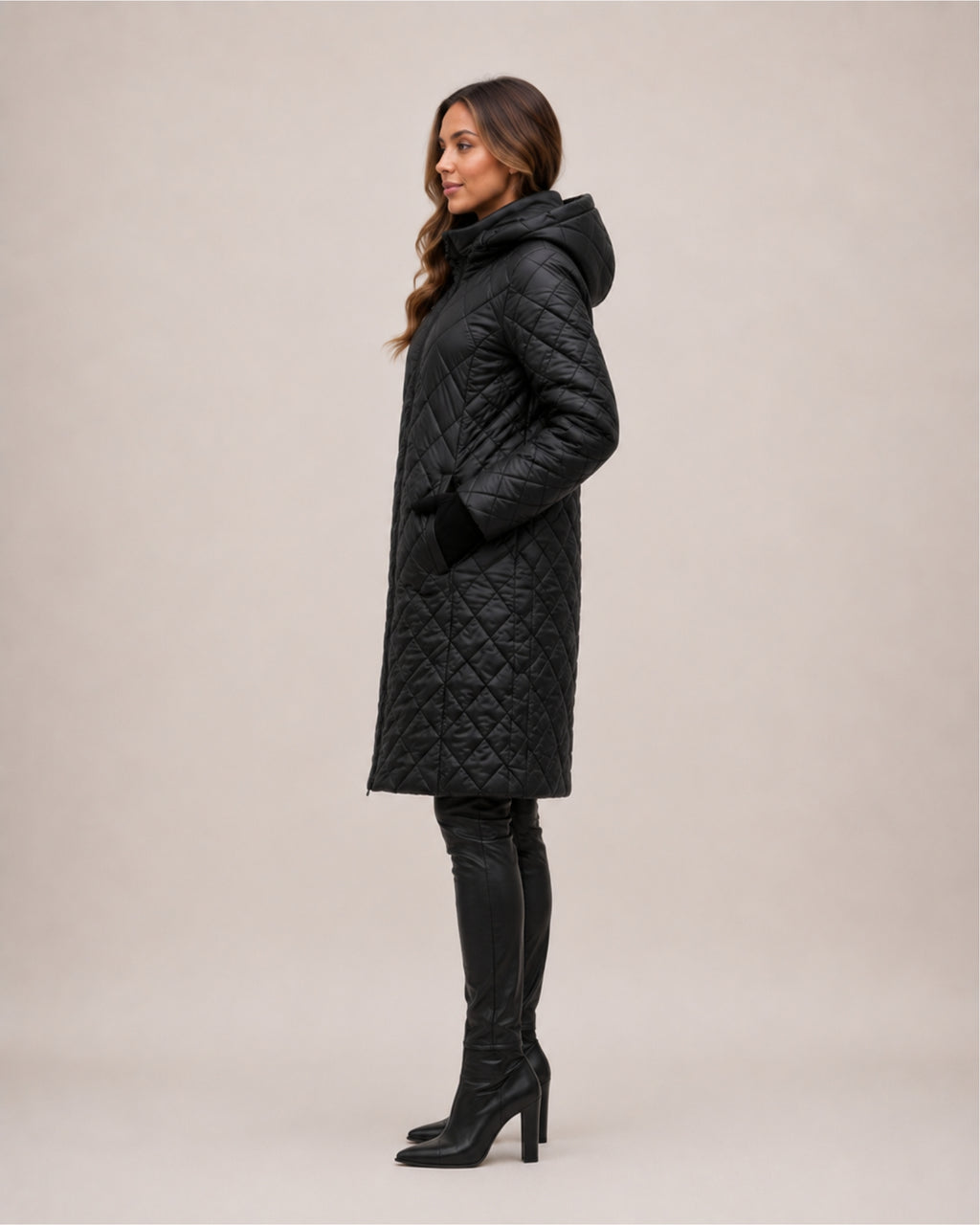 Women's Long Quilted Coat with Diamond Stitching