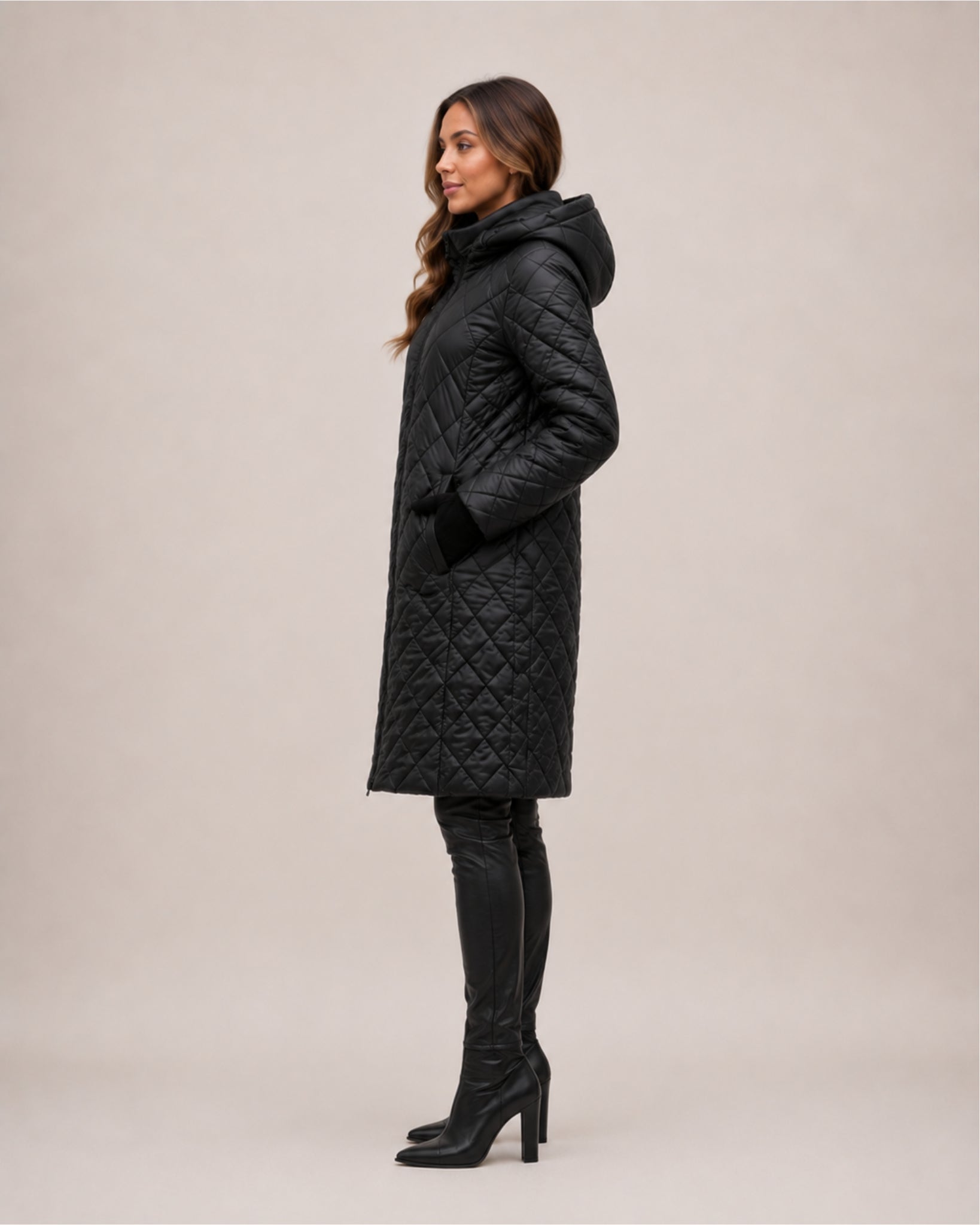 Women's Long Quilted Coat with Diamond Stitching