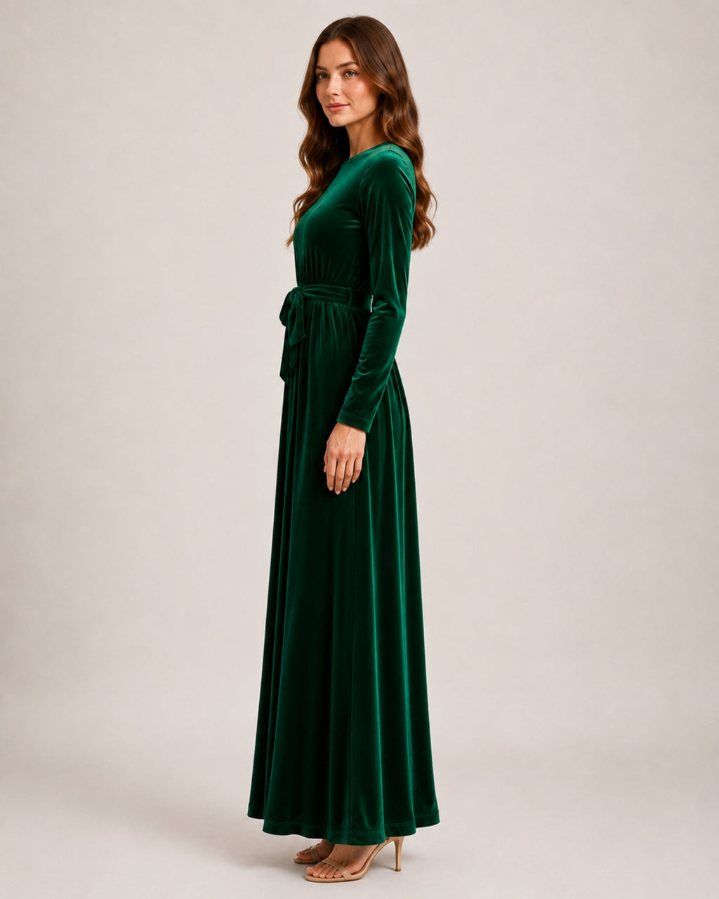 Women's Velvet Maxi Dress Long Sleeve Belted Style