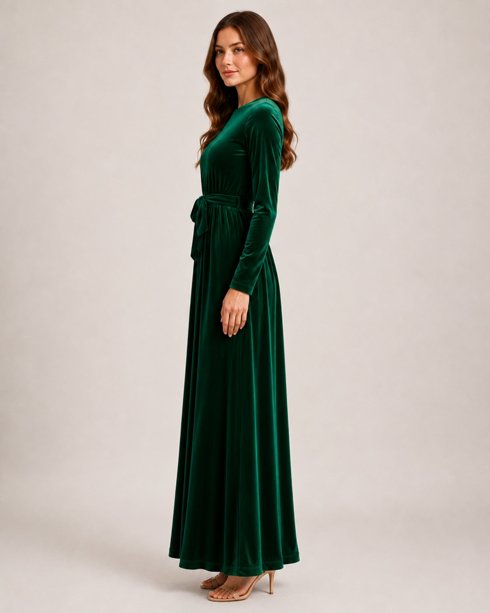 Women's Velvet Maxi Dress Long Sleeve Belted Style