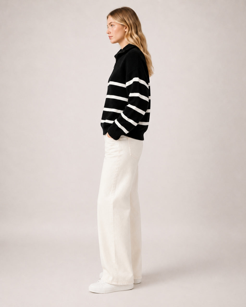 Women's Striped Jumper Half Zip Collared Knit Style
