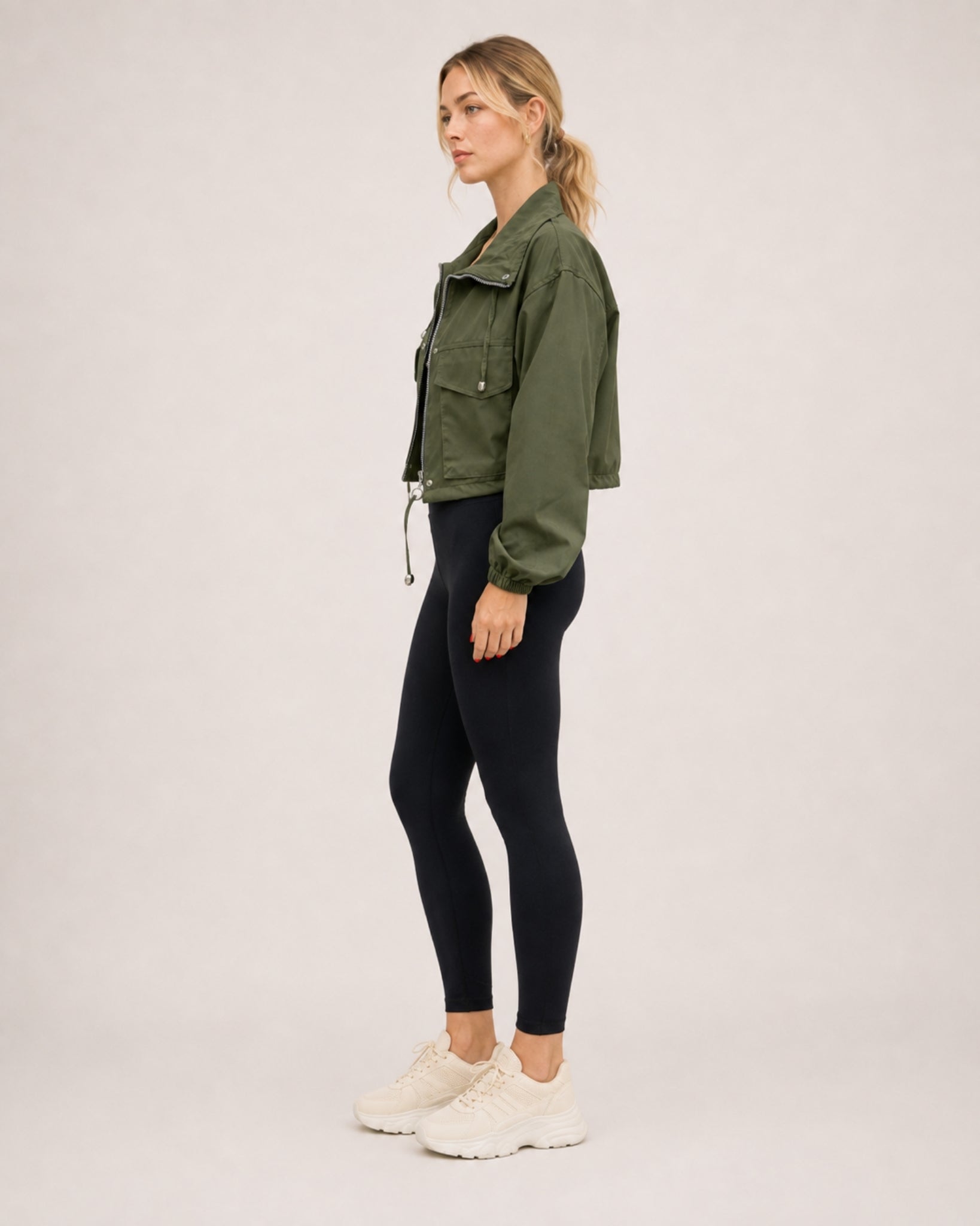 Women's Cropped Utility Jacket with Stand Collar and Chest Pockets