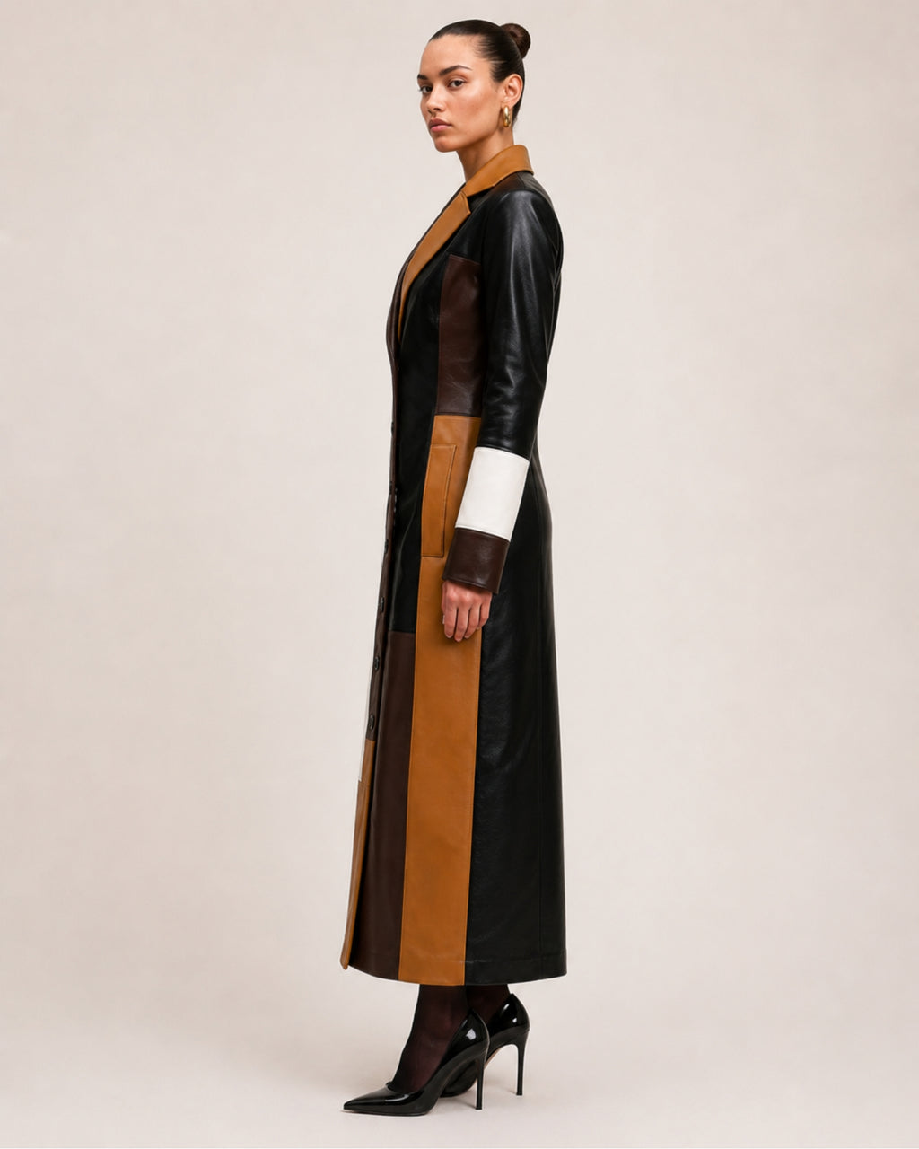 Women's Long Trench Coat with Patchwork Colour Block Design