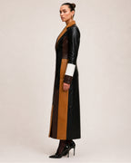 Women's Long Trench Coat with Patchwork Colour Block Design