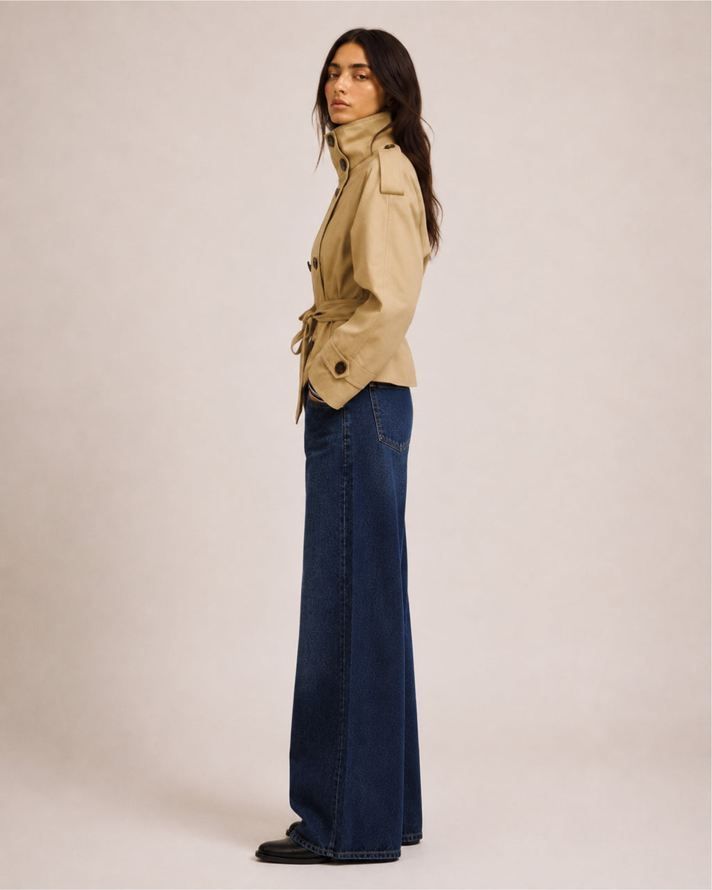 Women's Cropped Trench Coat with Belt & Stand Collar