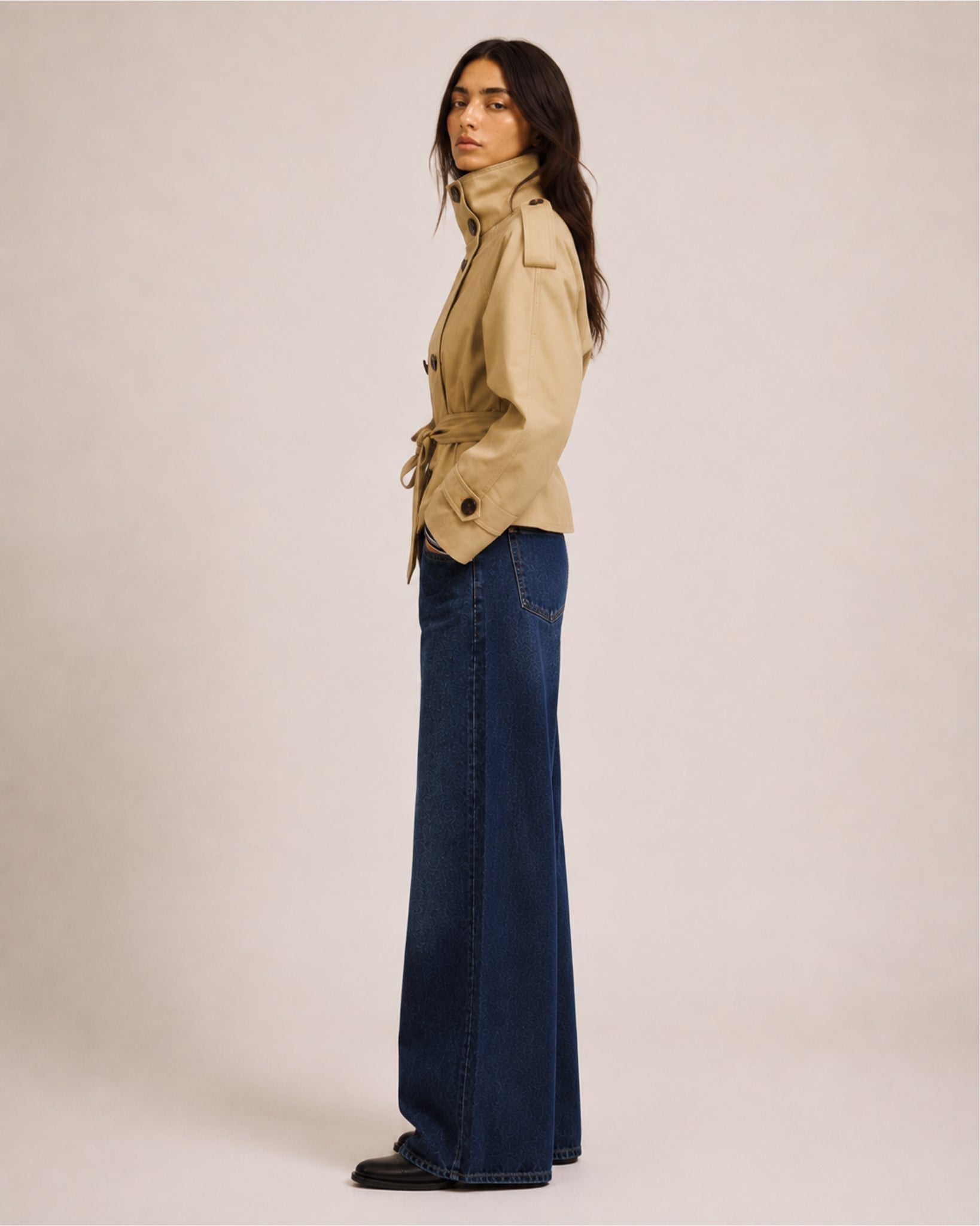 Women's Cropped Trench Coat with Belt & Stand Collar