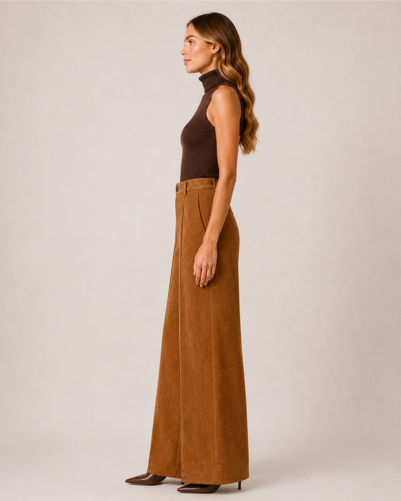 Women's Brown Wide Leg Trousers – Faux Suede