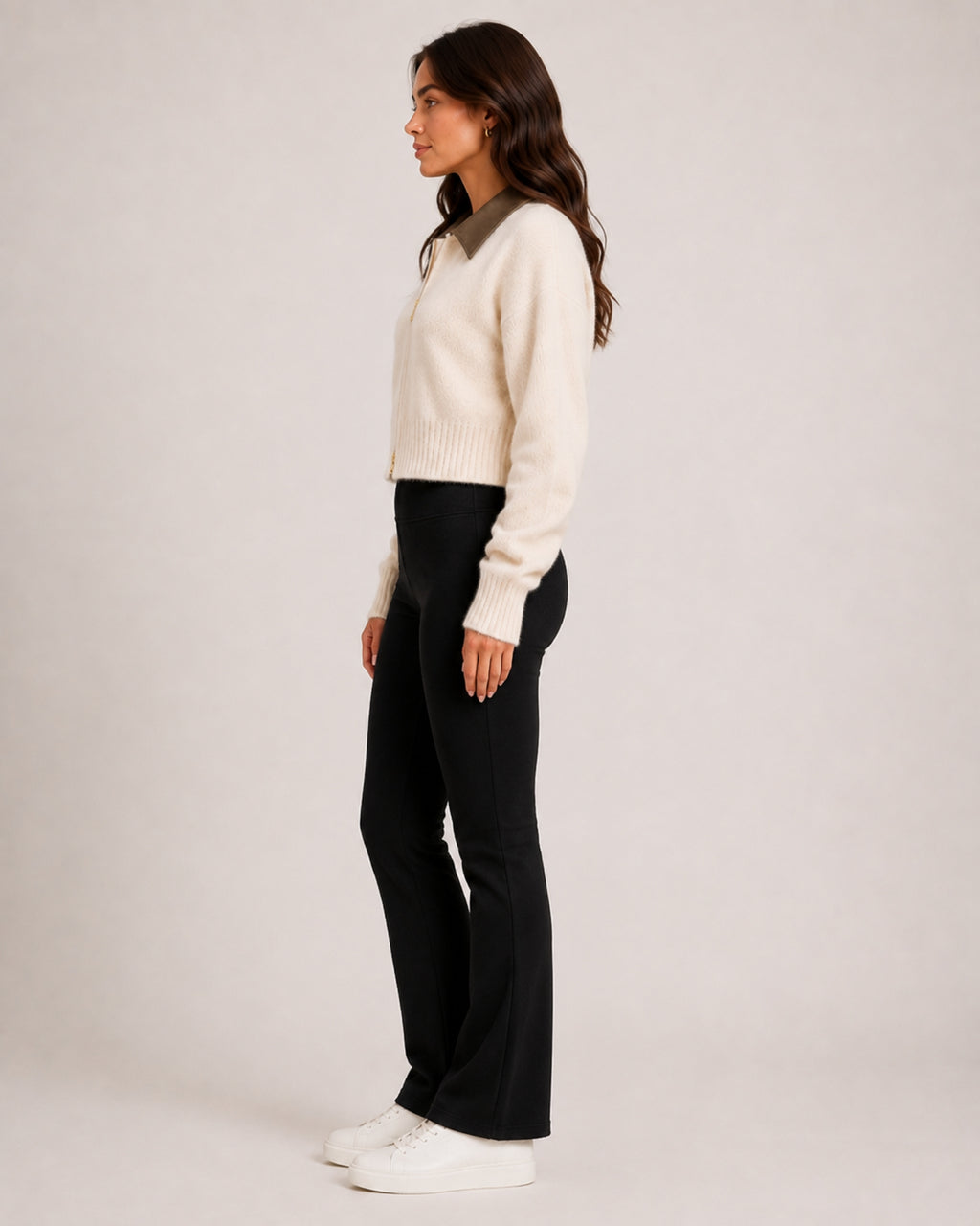 Women's Cropped Zip-Up Cardigan with Contrast Collar