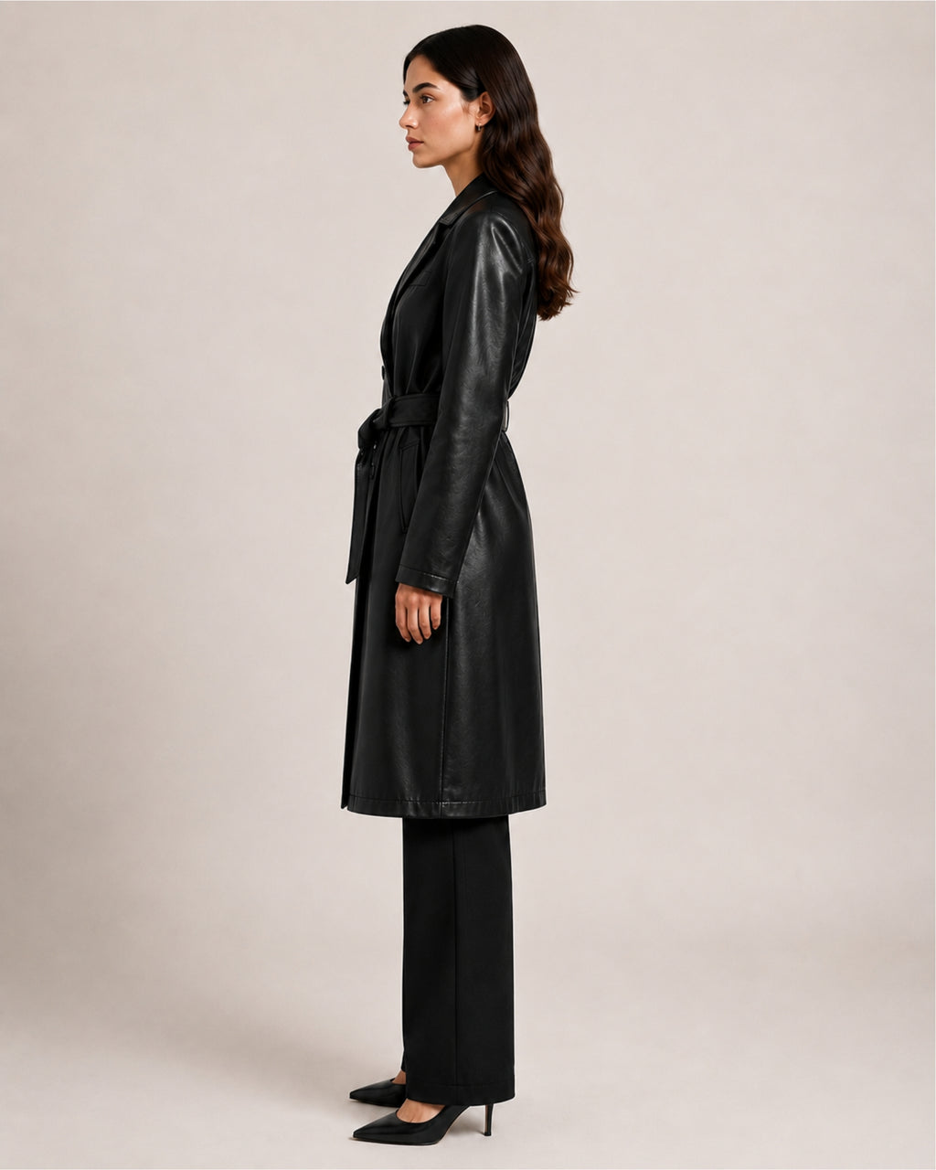 Women's Trench Coat Faux Leather Longline Belted Style