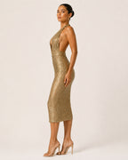 Women's Gold Sequin Party Midi Dress – Halter Neck Bodycon Dress