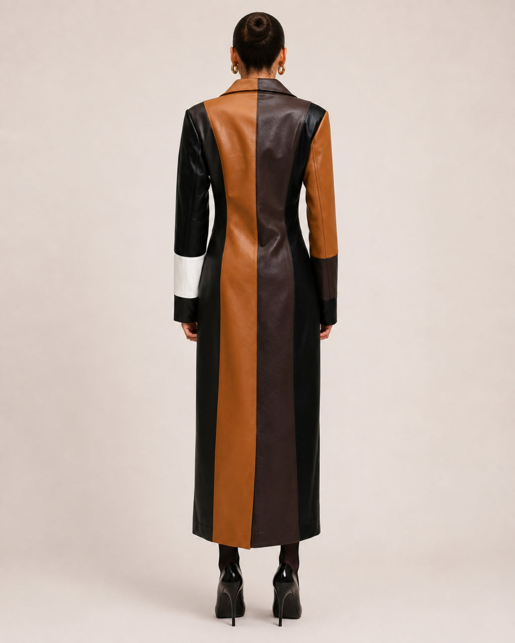 Women's Long Trench Coat with Patchwork Colour Block Design