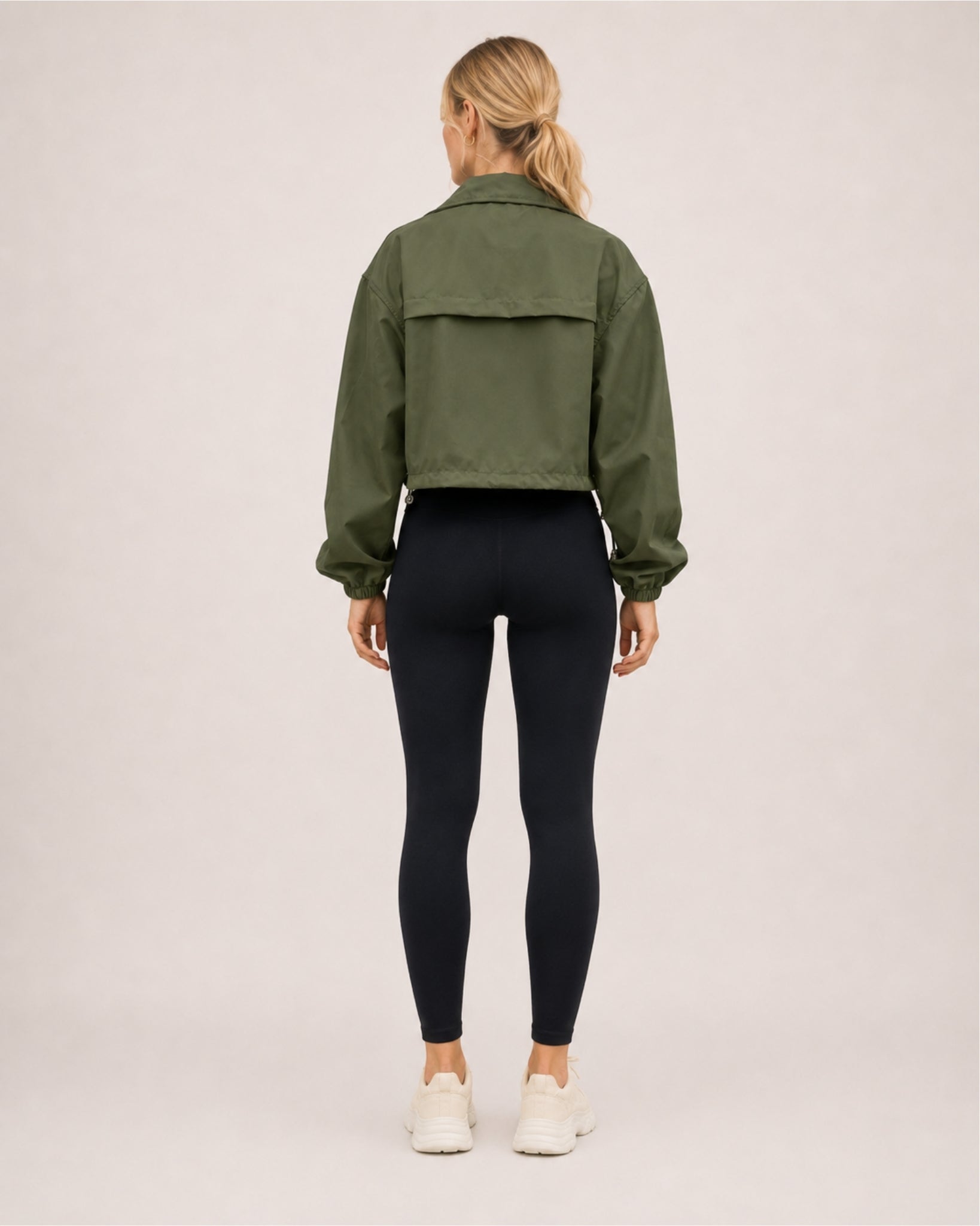 Women's Cropped Utility Jacket with Stand Collar and Chest Pockets