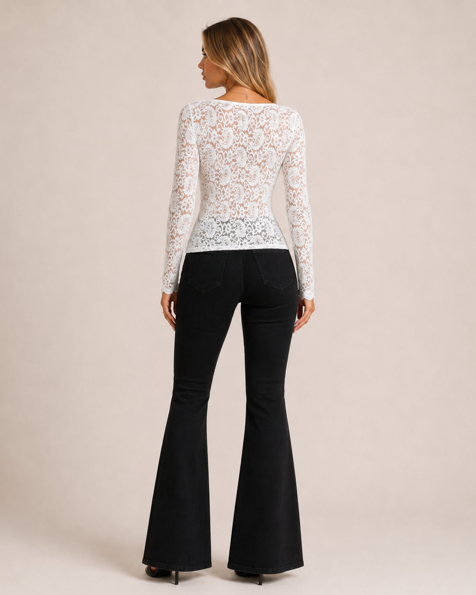Women's White Lace Long Sleeve Top – Square Neck Lace Top